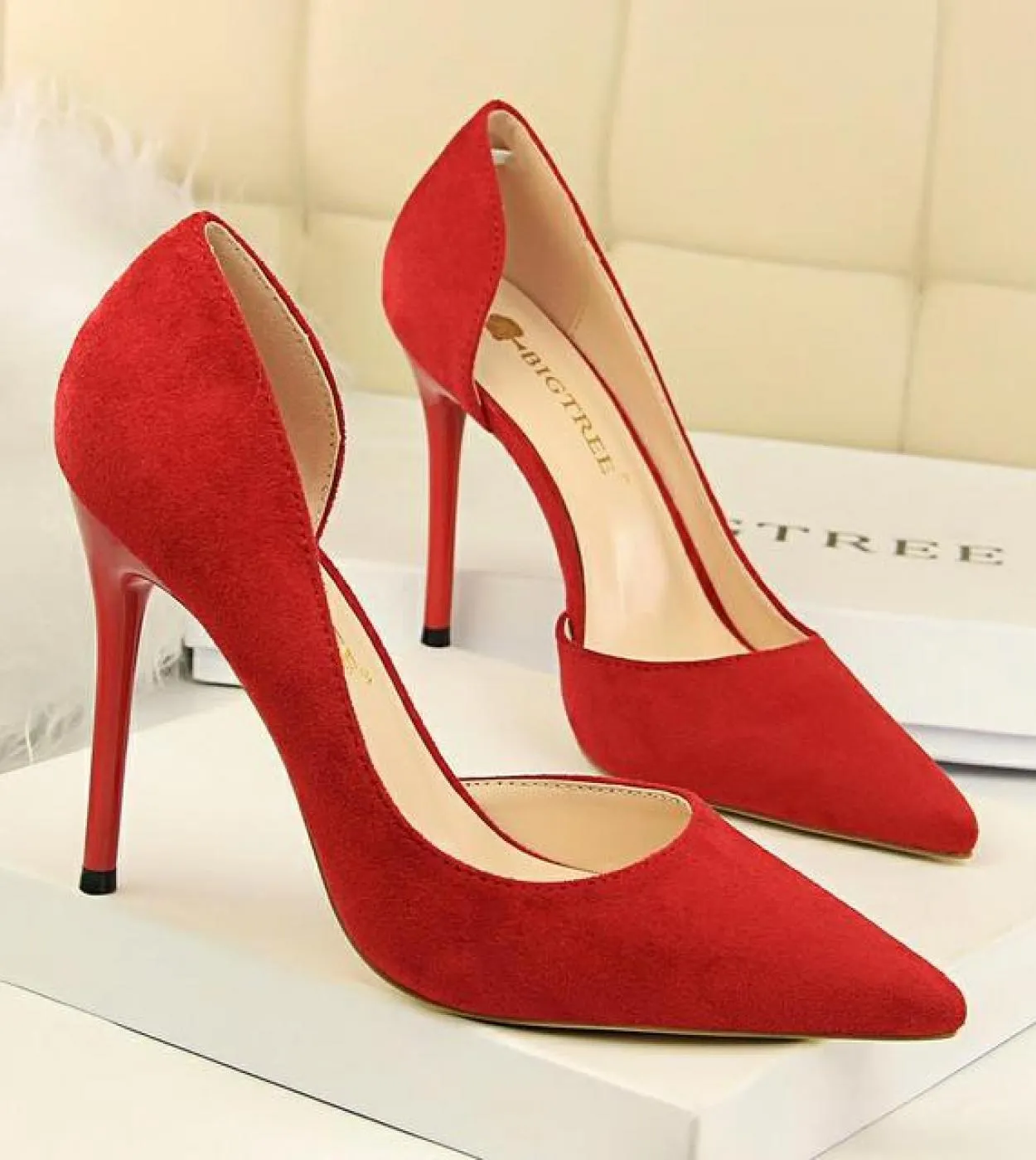 Bigtree 6 Colors Concise Womens Ol Office Shoes Show Thin Women Pumps Solid Flock Pointed Toe Shallow Fashion High Heel