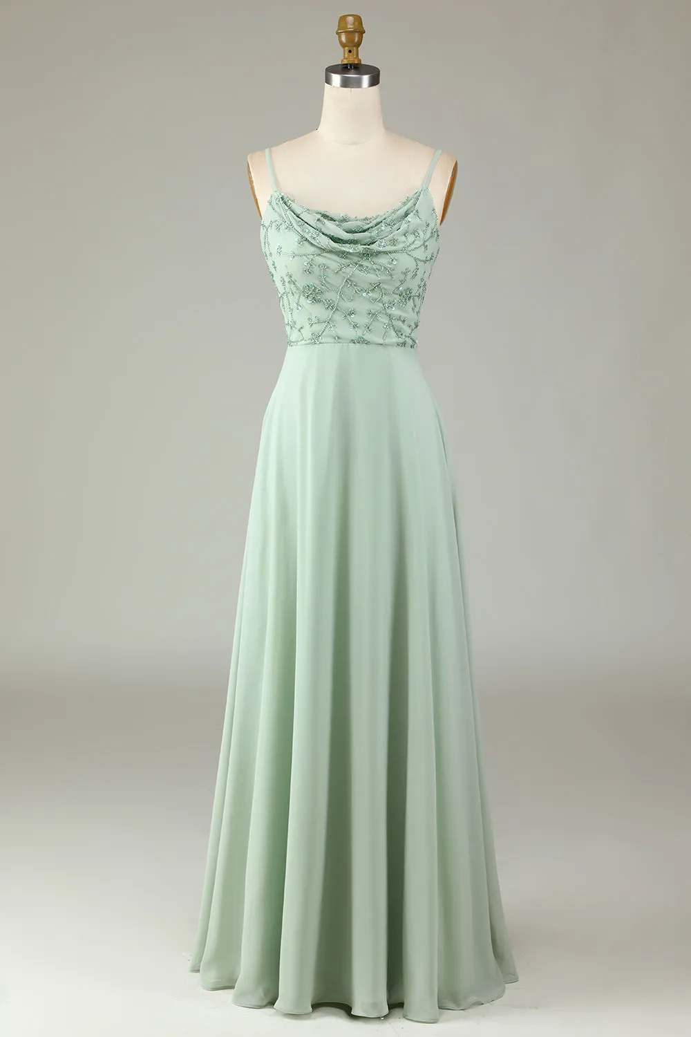 Certificabilmente chic Una linea Spaghetti Straps Dusty Pink Long Bridesmaid Dress con perline