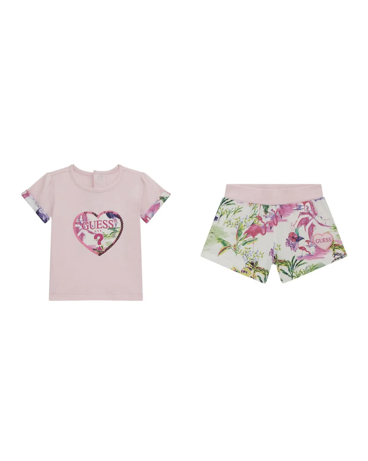 Completo in cotone stretch composto da t-shirt rosa a maniche corte e short in fantasia jungle 9-24 mesi