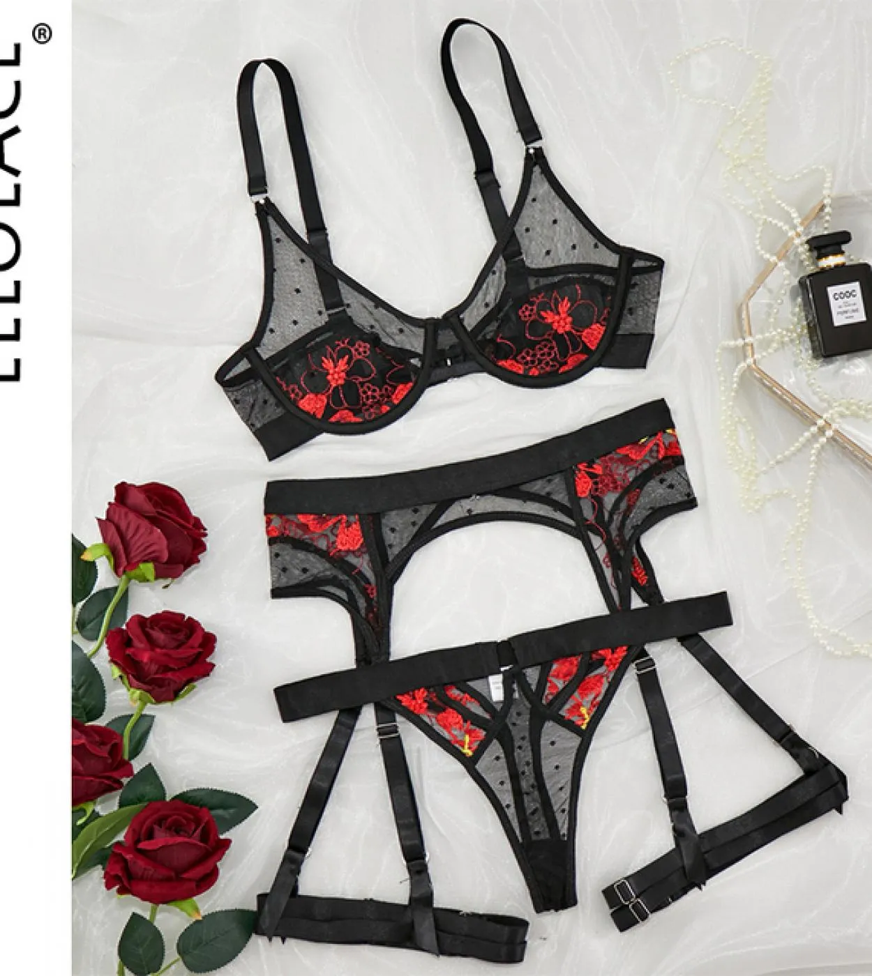 Ellolace Lingerie Ricamo Bilizna Set Giarrettiere di pizzo Kit per la cura della pelle corta di lusso Reggiseno trasparente Regg