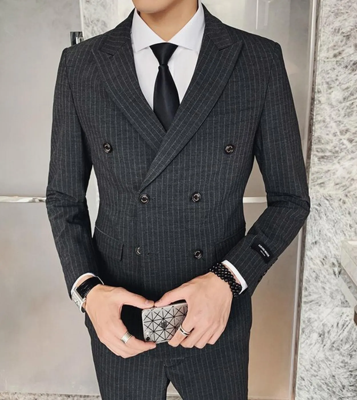 Giacca Gilet Pantaloni Boutique Stripe Formal Business Abito da uomo 3 pezzi Completo da 2 pezzi Abito da sposa da sposo Blu nav