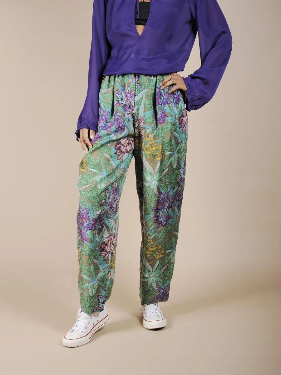 Pantalone a vita alta stampa tropical in pura seta