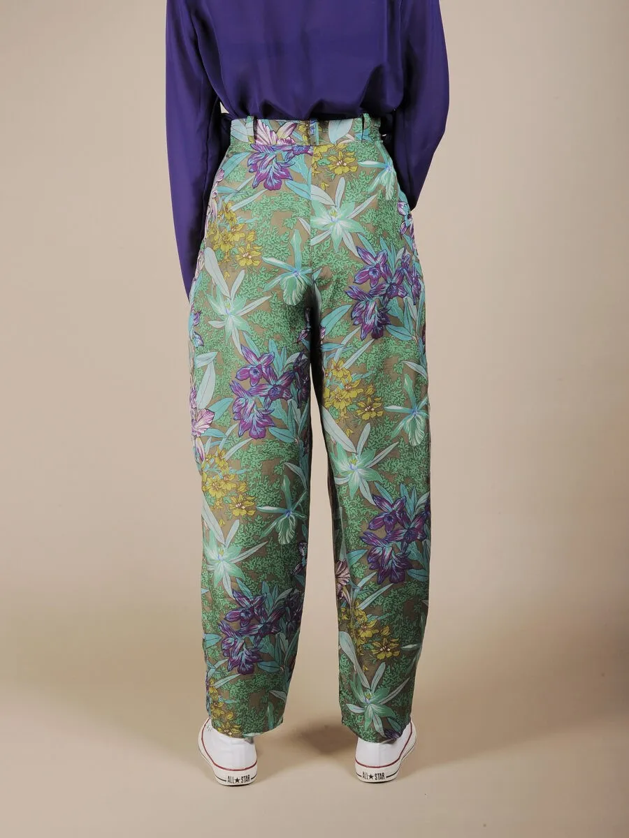 Pantalone a vita alta stampa tropical in pura seta