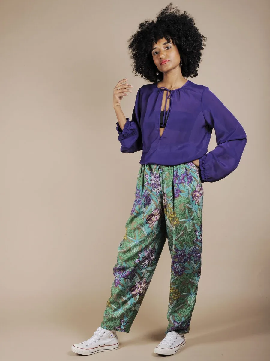 Pantalone a vita alta stampa tropical in pura seta