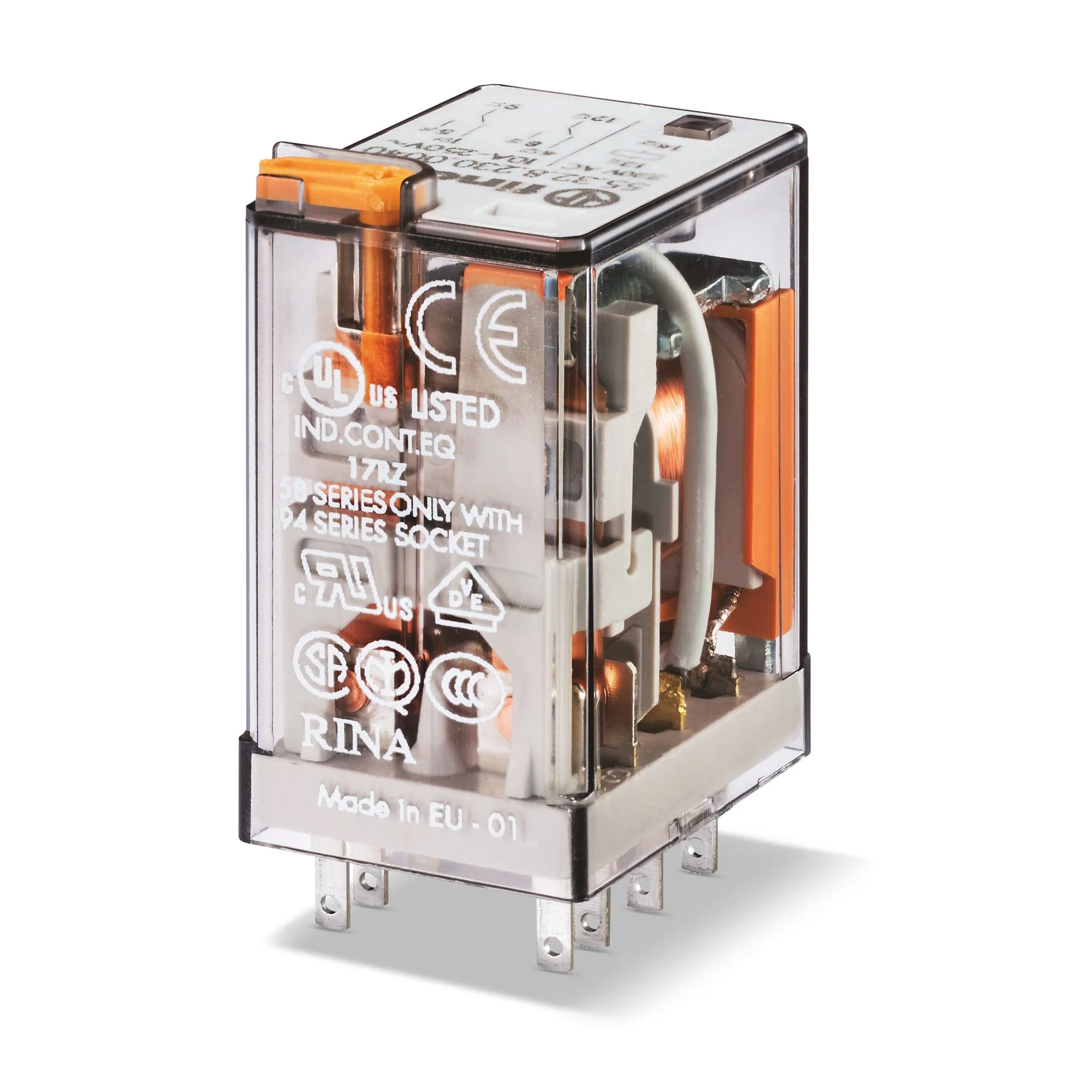 Relè Finder serie 55, DPDT, bobina 110V ca, A innesto