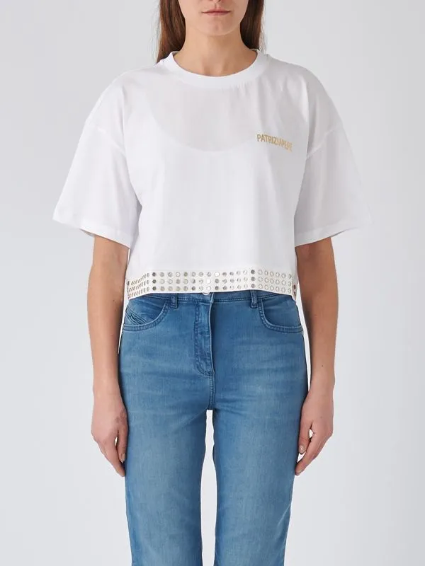 T-shirt donna Patrizia Pepe in cotone con borchie Bianco Ottico