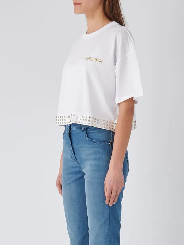 T-shirt donna Patrizia Pepe in cotone con borchie Bianco Ottico