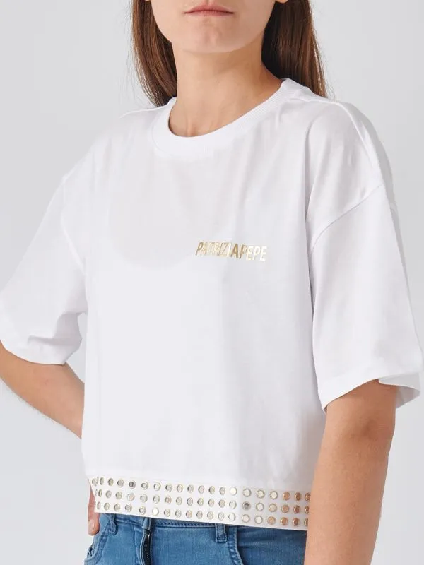 T-shirt donna Patrizia Pepe in cotone con borchie Bianco Ottico