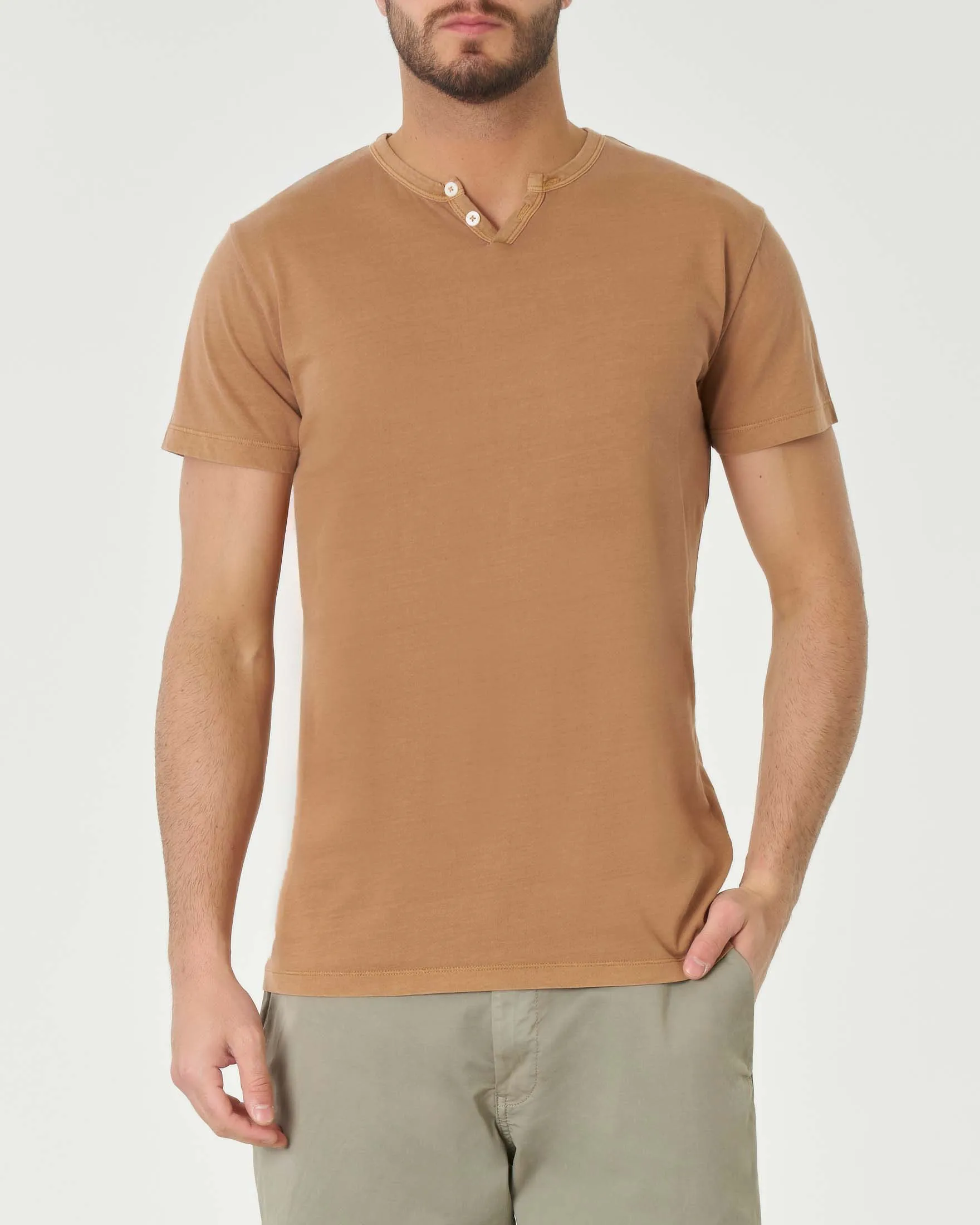 T-shirt serafino cammello mezza manica in cotone fiammato