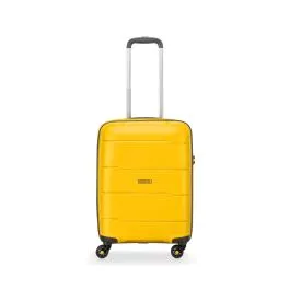Valigia rigida piccola giallo con quattro ruote e logo