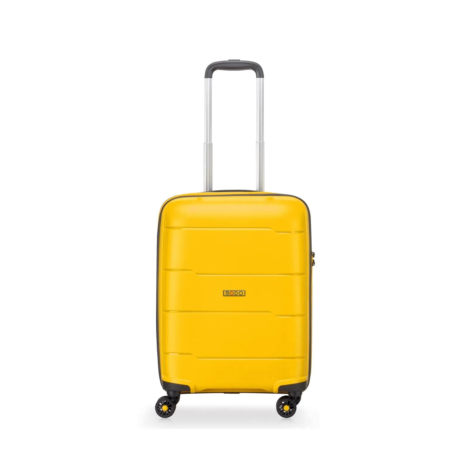 Valigia rigida piccola giallo con quattro ruote e logo